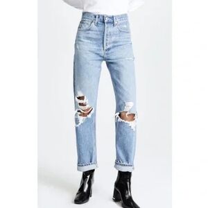 Agolde disdressed straight leg high waisted button fly jeans raw hem